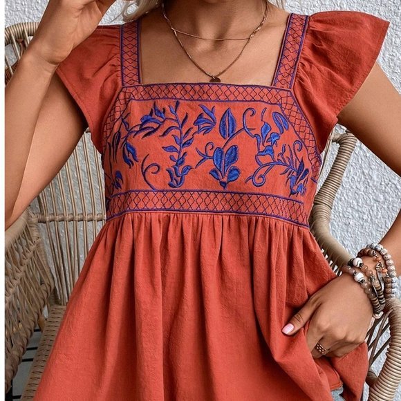 . Tops - Orange Boho Womens Plants Embroidery Ruffle Trim Blouse